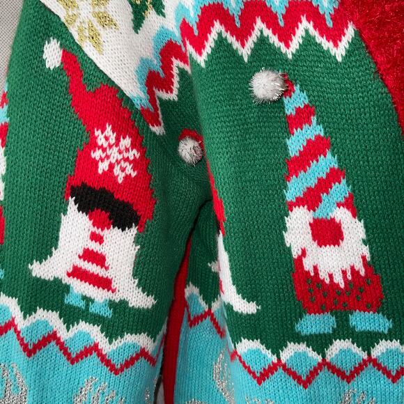 Holiday Time Groovy Gnomes Ugly Christmas Cardigan Sweater Size Small - Picture 3 of 6